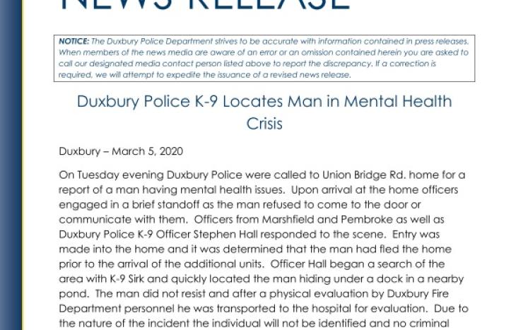 Duxbury Police K-9 Locates Man in Mental Health Crisis